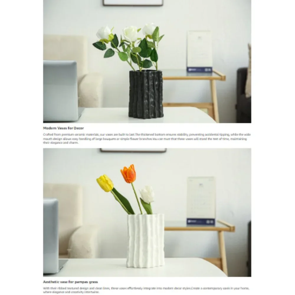 Set of 2 - Lg Black & White - Ribbed Rhombus Ceramic Vases for Flowers & Decor